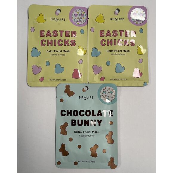 SpaLife Facial Mask Lot Of 3 Calm Detox Antioxidant Cocoa Vanilla Easter Chicks - Picture 1 of 6